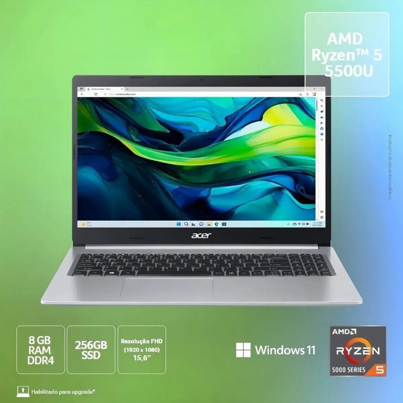 Acer Aspire 5 A515-45-R5AT Ryzen 5 5500U 256GB 8GB RAM - Tela 15.6" AMD Radeon