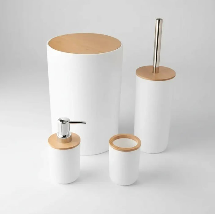 Kit Banheiro Lixeira Porta Escova 4 Peças Tampa Bambu Cor Branco Redondo