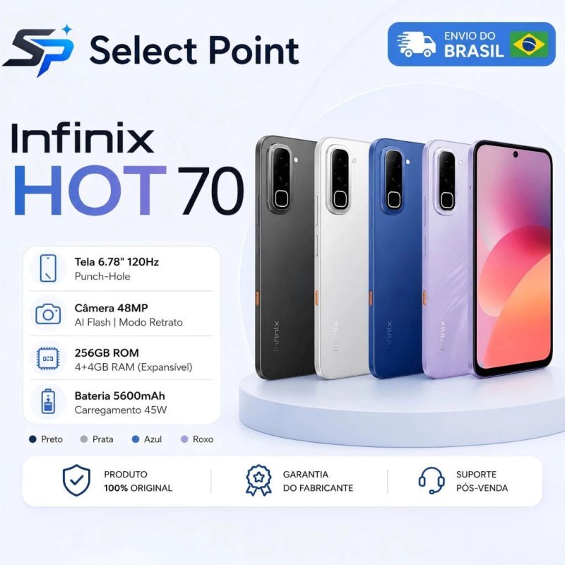 Infinix Hot 70 NFC 256GB 4+4GB RAM - Tela 120Hz - Câmera 50MP