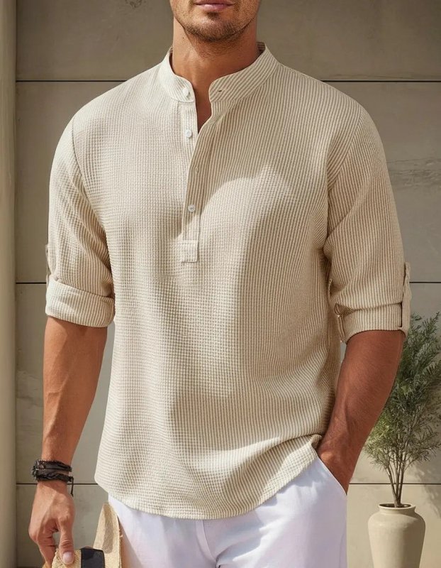 Camisa Casual Masculina Gola Padre De Manga Comprida Solta