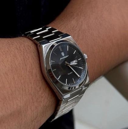 Relógio Poedagar Suiço Masculino Aço Inox Old Money C/caixa Prateado Preto
