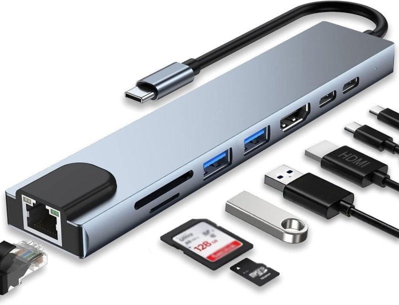 Adaptador Hub 8 em 1 USB-C com HDMI 4K + VGA + RJ45 + PD 100W + 2 USB 3.0 + SD/TF