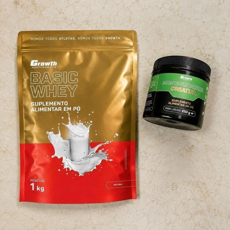 Kit Growth: Whey Protein Basic Natural 1kg + Creatina Monohidratada 250g + Frete Grátis