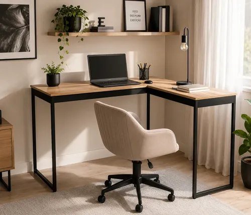 Mesa Escrivaninha Em L Industrial Preta Setup Multiuso Madeira E Mel