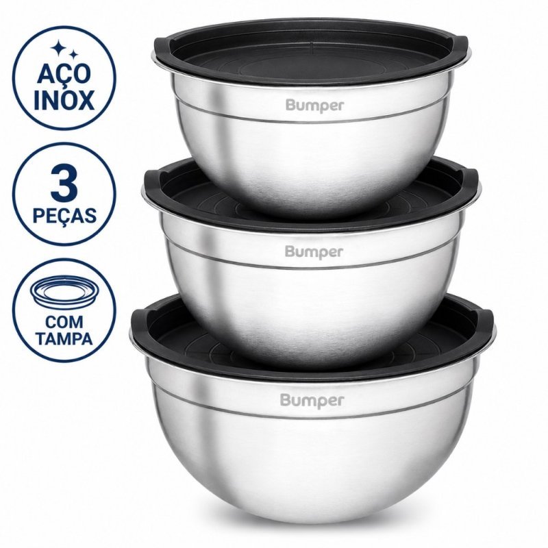 Kit 3 Bowls Inox com Tampa Bumper 1,4L 2L 2,6L Empilháveis Pote Tigela Multiuso