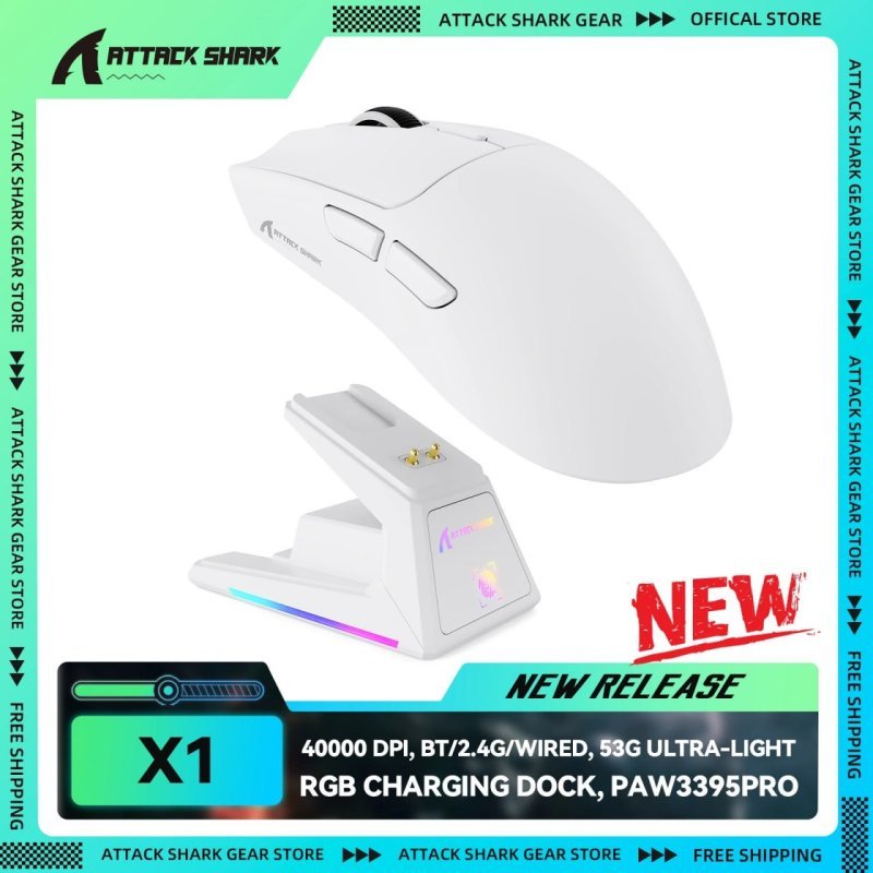 Mouse Gamer Attack Shark x1 Com Dock de Carregamento Touch Screen Trimode, PAW3395PRO