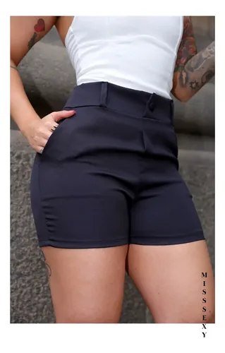 Shorts Alfaiataria Feminino Social Cintura Alta Bolsos Verão