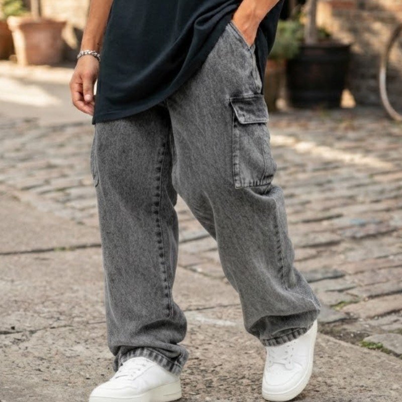 Calça Jeans Cargo Masculina Streetwear Preta Mescla (P ao GG)