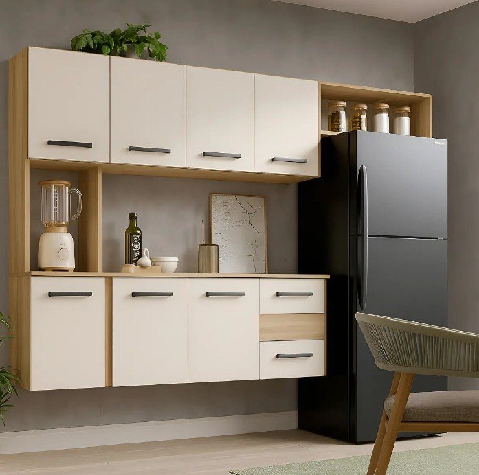 Kit Armário De Cozinha Multiuso Compacta Suspensa Com 7 Portas E 2 Gavetas Cor Cinamomo Off