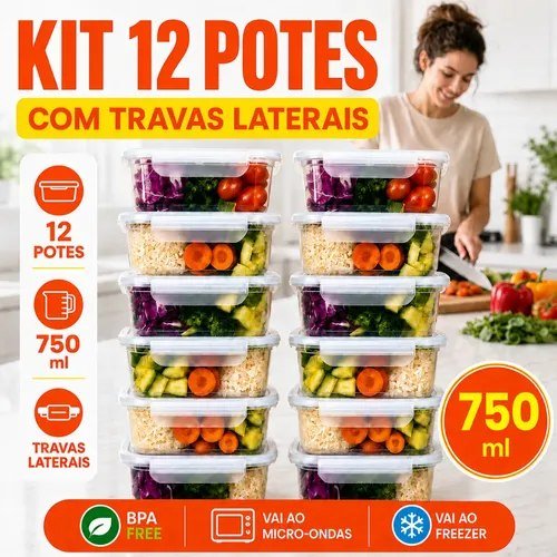 Kit 12 Potes Marmita 750 Ml Reutilizável Freezer Microondas Transparente