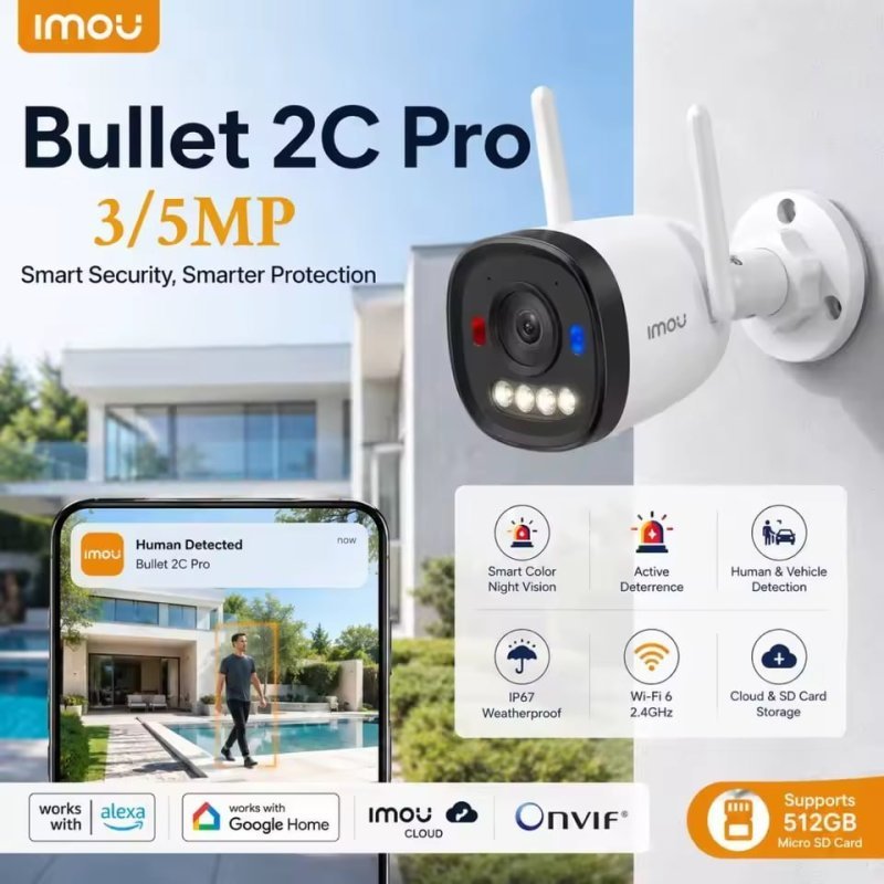 Câmera de Segurança IMOU Bullet 2C Pro 3MP 2K Wi-Fi 6 Externa, Detecção de Pessoas e Veículos, Visão Noturna e IP67