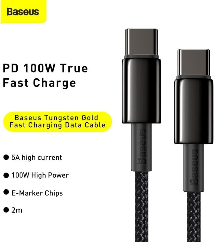 Baseus Tungsten Gold Cabo USB-C para USB-C 100W 2m - Preto