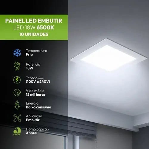 Kit 10 Painel Led Plafon Embutir 18w 6500k Branco Frio 12cm Bivolt Quadrado Easy By Avant