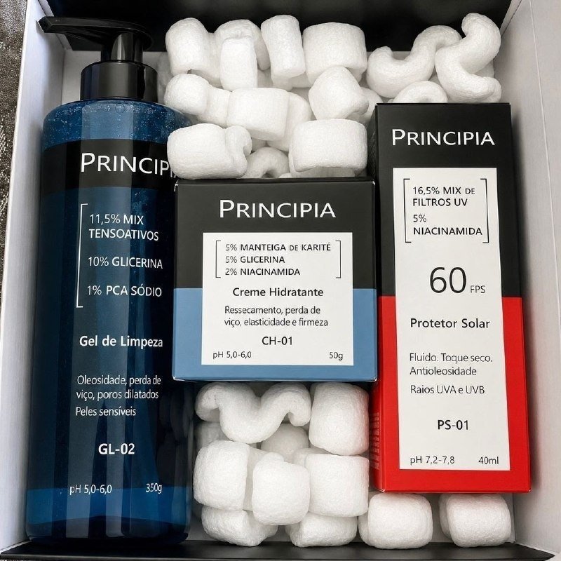 Kit Principia Skincare (Gel de Limpeza GL-02 + Protetor Solar FPS 60 + Creme Hidratante CH-01) + Frete Grátis