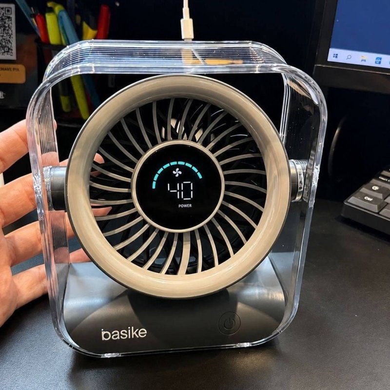 Mini Ventilador Portátil Basike de Mesa Recarregável Com Base e LED, Preto