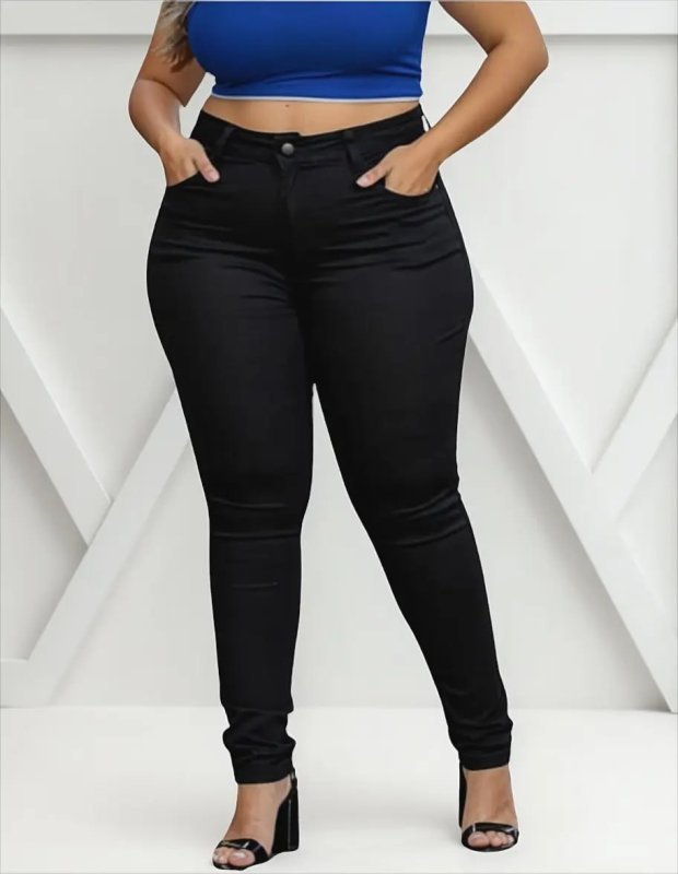Calça Jeans Preta Plus Size Cintura Alta Com Lycra Elástico