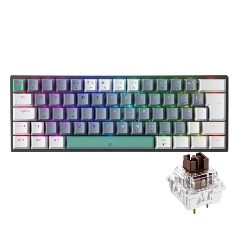 Teclado Mecânico Gamer Machenike K500-B61, RGB Switch Brown, HotSwap, Cinza e Branco C/Fio PTBR