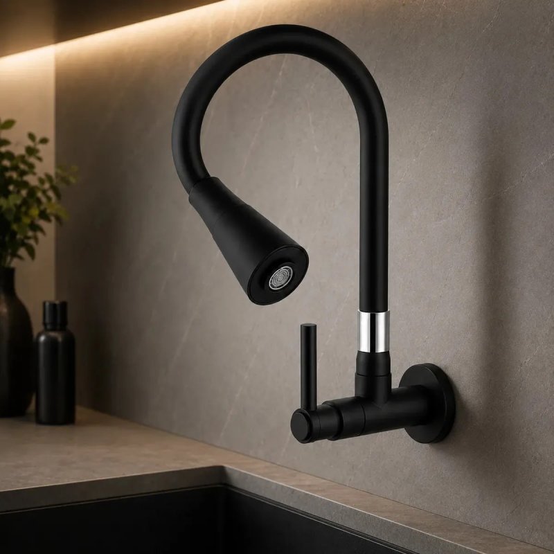 Torneira Gourmet de Parede para Cozinha Preta Flexível 2 Jatos