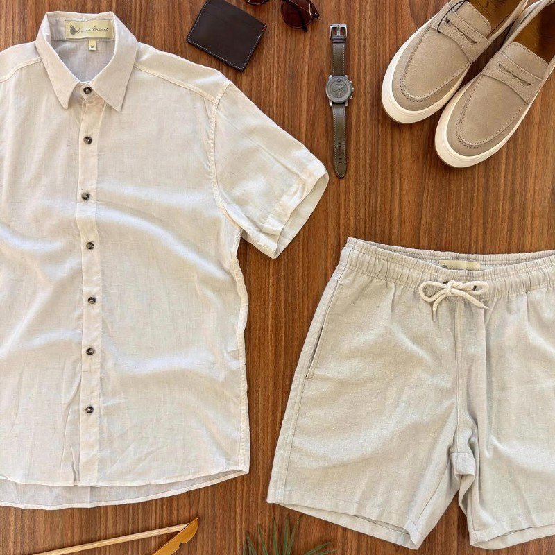 Conjunto Casual Linho Masculino Camisa Botão Bermuda Cordão