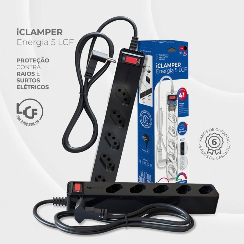 CLAMPER iCLAMPER Energia 5 - 5 Tomadas 10A - Proteção DPS - Preto