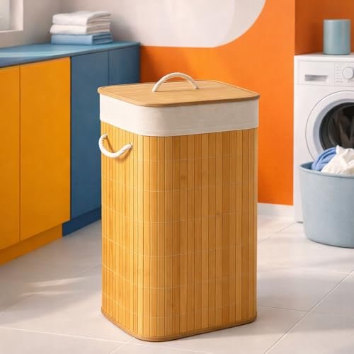 Cesto de Roupas em Bambu 60L com Tampa e Alças