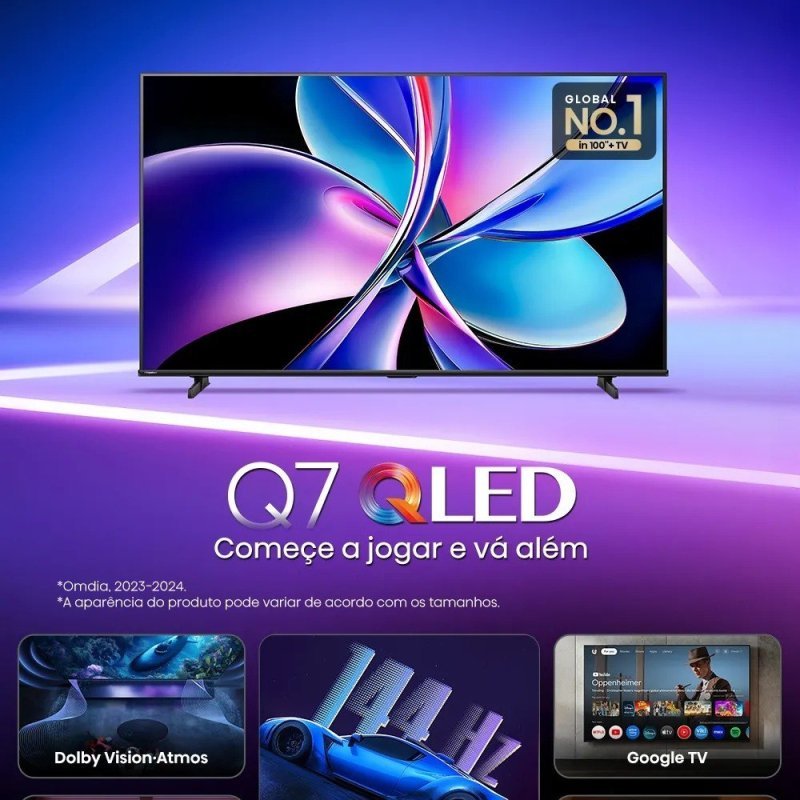 Hisense Smart Tv Uhd 4K Qled 55" 55Q7qg Modo Jogo Pro 144 Hz Google Tv, Amd FreeSync Premium, Dolby Vision Atmos e Compatível com Alexa
