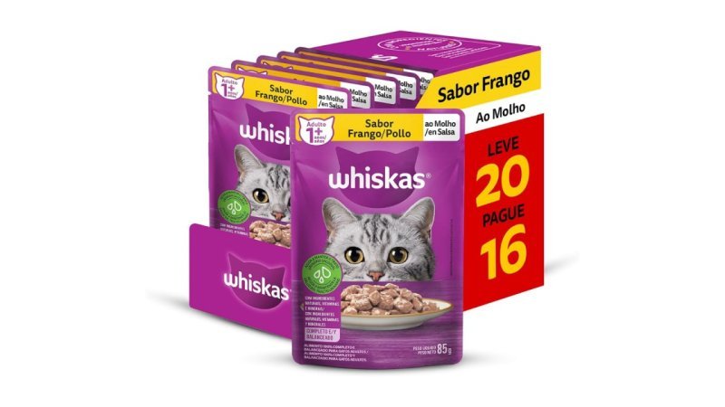 Pack 20 un. Ração Úmida Whiskas Sachê Frango ao Molho para Gatos Adultos 85g