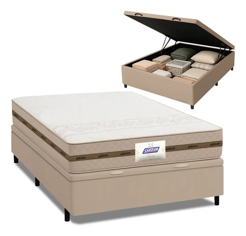 Cama Box Baú Casal Gazin + Colchão Flora – Bege 138x188cm