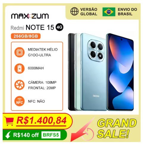 Celular Xiaomi Redmi Note 15 4G, 256/8GB RAM, Processador Mediatek Hélio G100-Ultra, Bateria 6000mAh