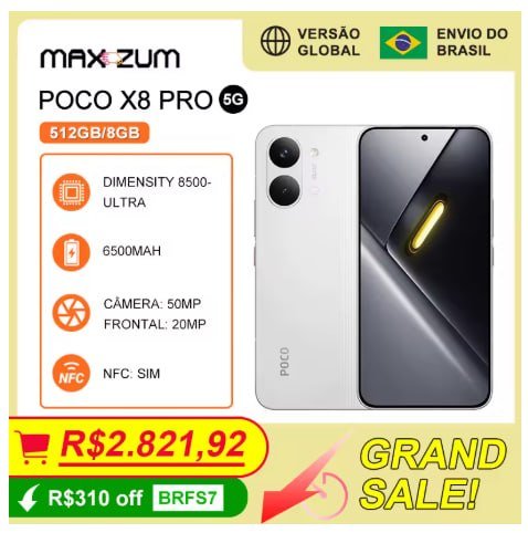 Poco X8 PRO 5G, 512GB/8GB Versão Global, Smartphone MediaTek Dimensity 8500-Ultra