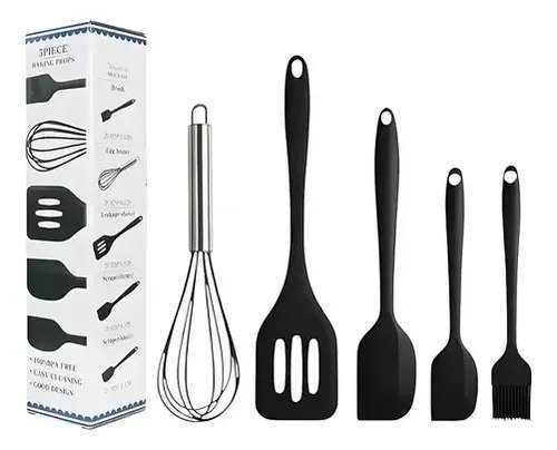 Kit 5 Utensílios Cozinha Silicone Espátula Fue Pincel Colher