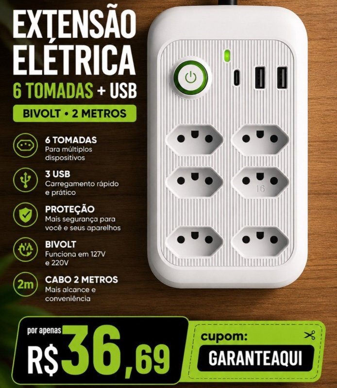 Extensão Elétrica 6 Tomadas USB Bivolt 2m Filtro de Linha