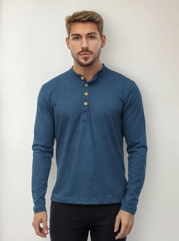 Camisa Masculina Gola Padre Henley Slim Manga Longa
