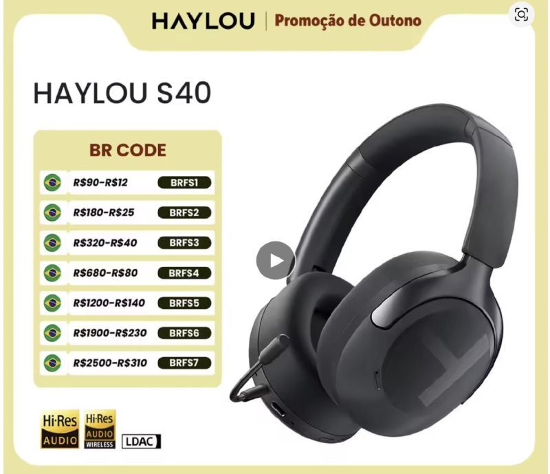 Headphone Haylou S40 Anc com Cancelamento de Ruído de 50dB, Áudio Espacial 3D Bluetooth 6.0