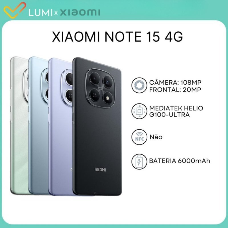 Xiaomi Redmi Note 15 4G, Câmera 108 MP, Bateria 6000mAh