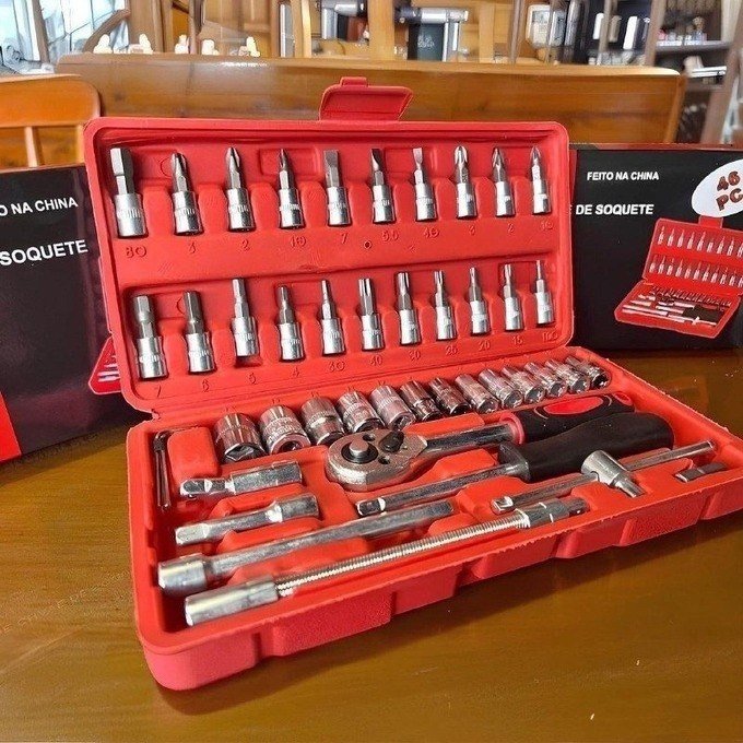Kit Profissional 46 Peças Aço CRV Completo Com Maleta Soquete 1/4 Chave Catraca Para Carro Moto Casa + Frete Grátis