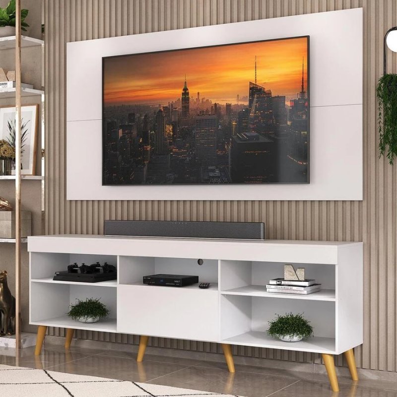 Rack com Painel para TV 50" a 65" Retrô Flórida Up – Branco/Natural