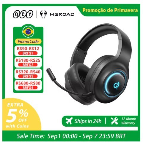 Fone QCY de ouvido gamer Heroad V200 com microfone, tri-modo, RGB, over-ear, som surround 7.1, drivers de 50mm para PC