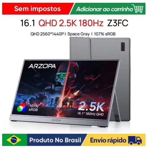 Monitor Portátil ARZOPA de 16,1 polegadas 180Hz 2.5K 107% SRGB Cinza Espacial com Bolsa de Armazenamento Z3FC para PS4/5 Steam Deck Switch PC Mac