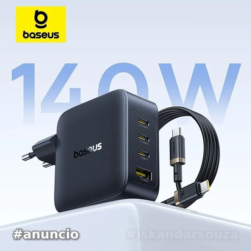 Carregador Baseus 140w gan pd, carregador usb c, carga rápida para macbook, tablet, telefone, iphone 17 16 15 14
