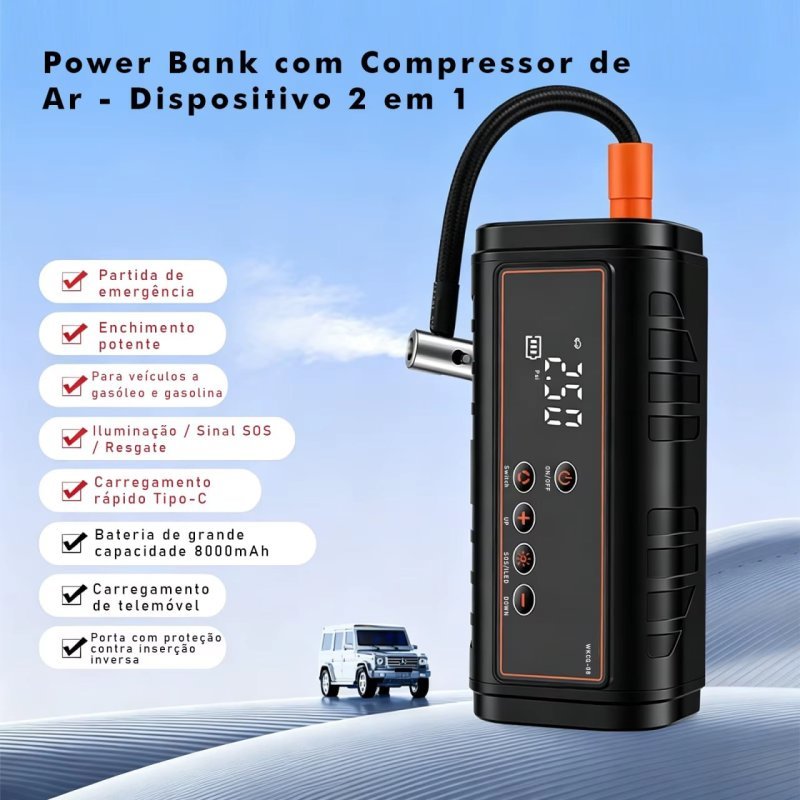 Auxiliar de Partida Automotiva 2 em 1 com Compressor de Ar, Power Bank 8000mAh, Inflador de Pneus, Luz SOS e Carregamento USB-C