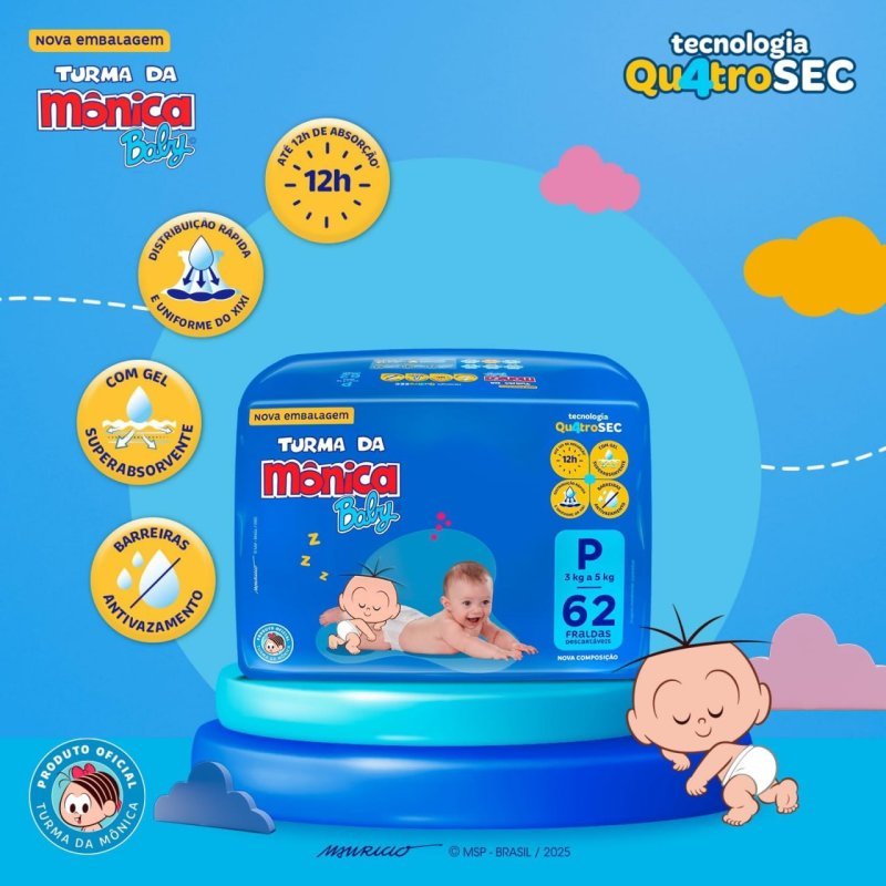 Fralda Turma da Mônica Baby Mega P 62 Unidades