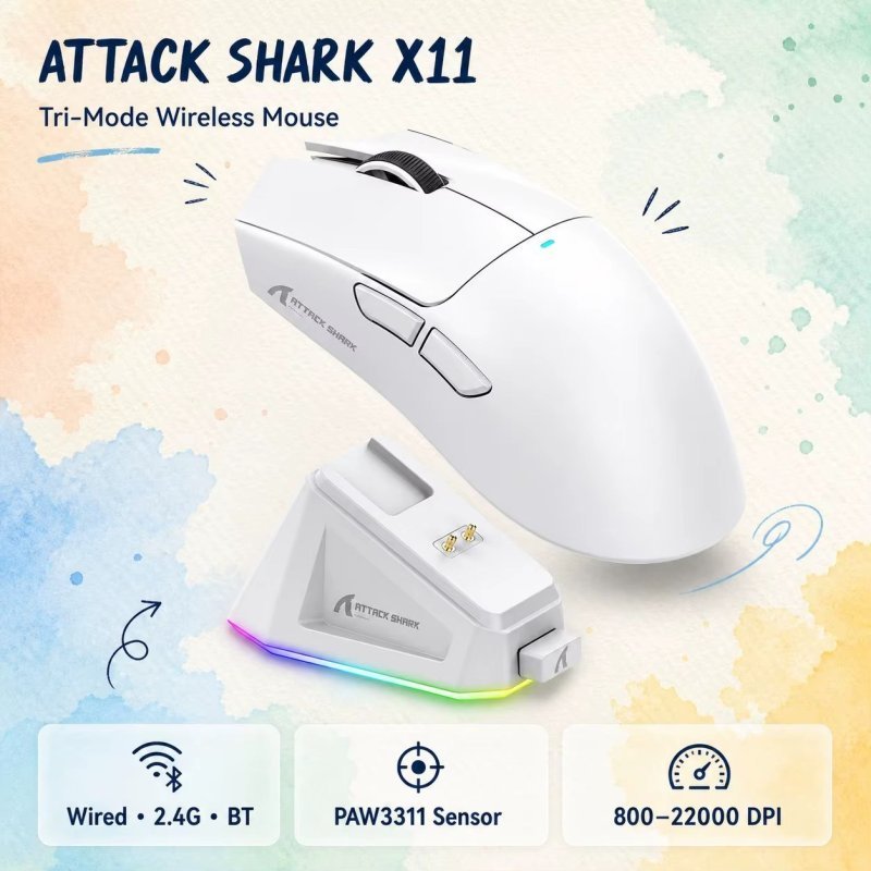 Mouse Sem Fio com Dock Attack Shark X11, Sensor Paw3311