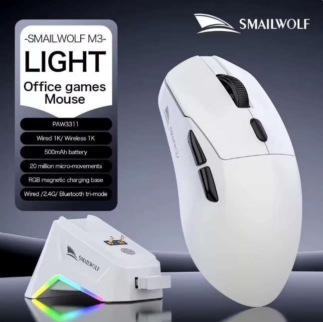 Mouse Smailwolf M3, Sensor Paw3311 Tri-Mode, 12000 Dpi, 1000Hz (Branco)