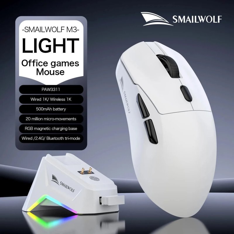 Mouse Smailwolf M3, Sensor Paw3311 Tri-Mode, 12000 Dpi, 1000Hz (Branco)