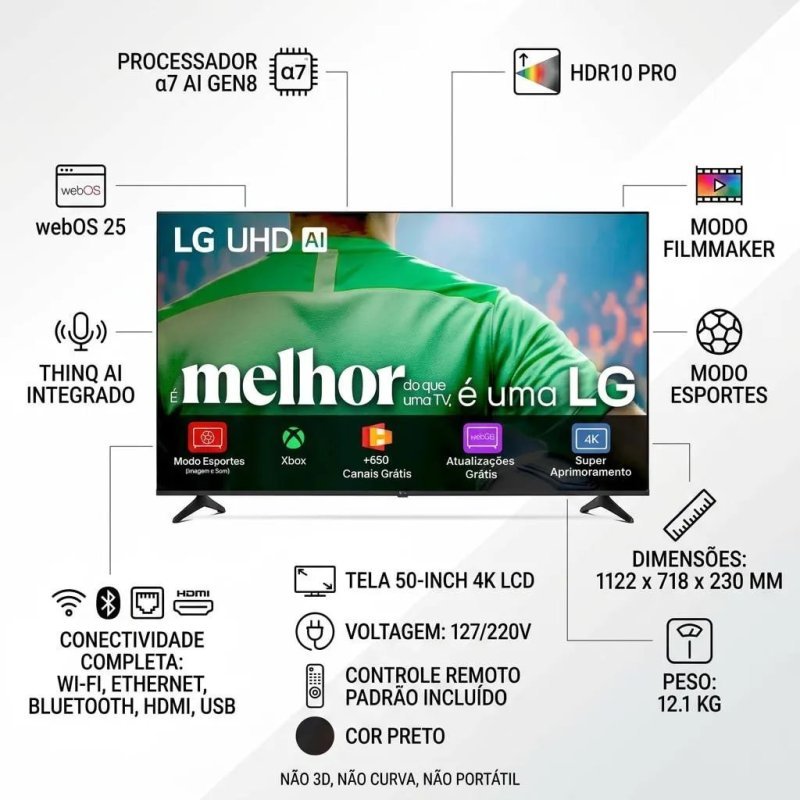 LG UHD AI UA75 50 polegadas - HDR10 Pro - Processador α7 AI Ger8