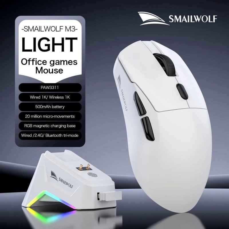 Mouse Smailwolf M3, Sensor Paw3311 Tri-Mode, 12000 Dpi, 1000Hz (Branco)
