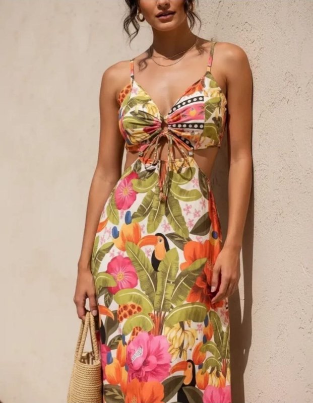 Vestido Longo Paola, Estampa De Tucano