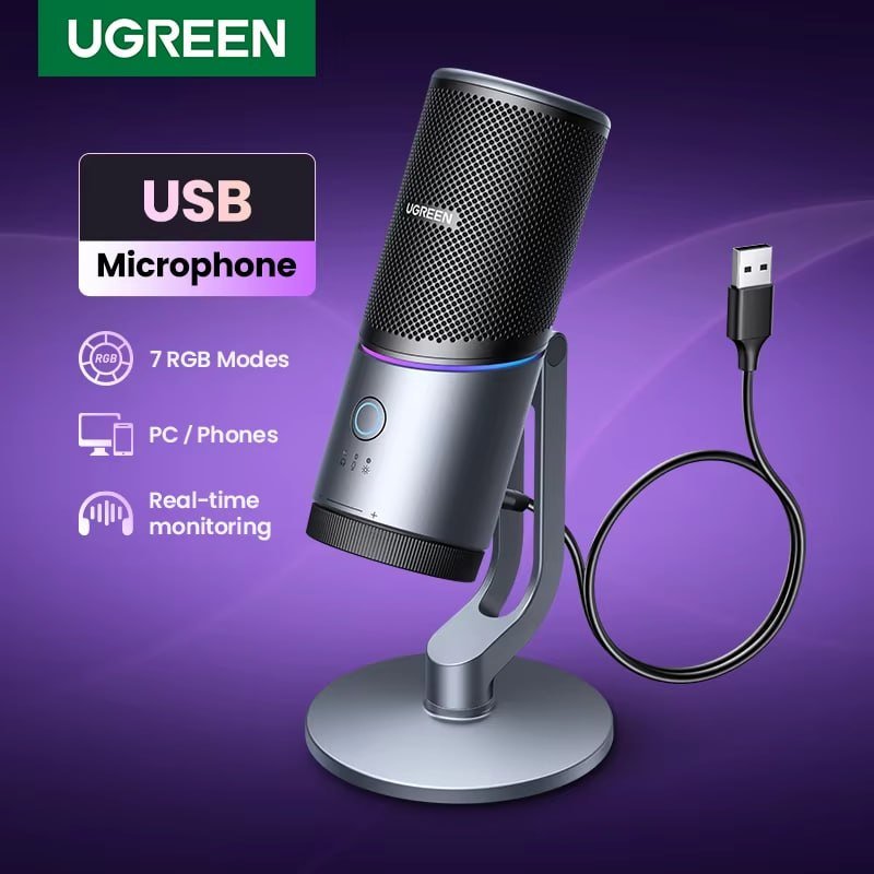 Microfone USB UGREEN Condensador Profissional com Iluminação RGB para PC e Mac – Gamer, Streaming, Podcast, Karaokê e Gravação