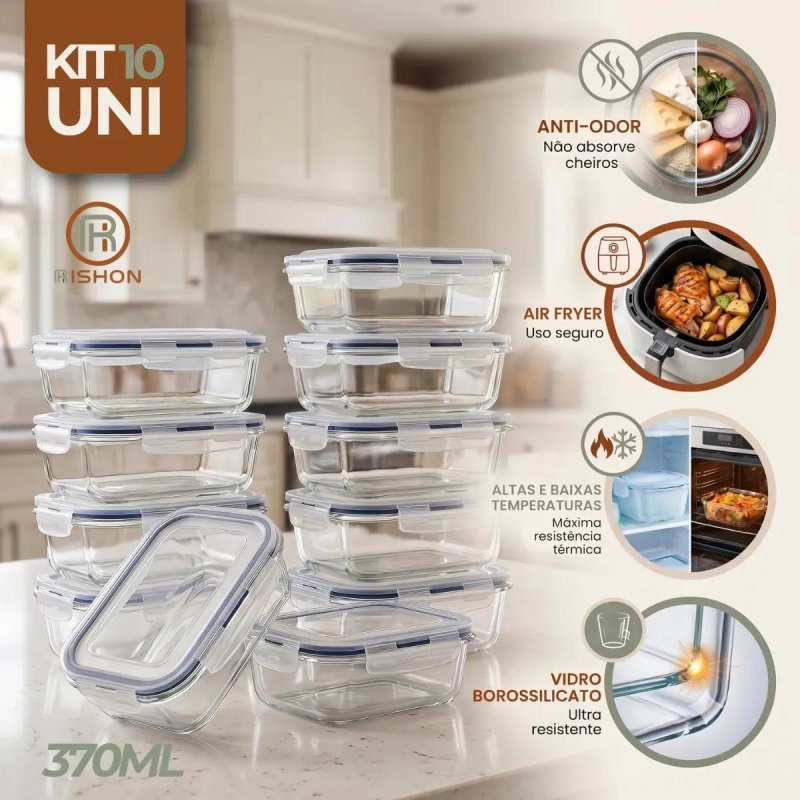 Kit com 10 Potes de Vidro Herméticos Rishon 370ml